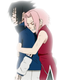 Sakura desperately clings to Sasuke's back, preventing him from attacking an enemy.
